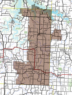 The Missouri State Department of Education recommended that all of eastern Dade County be served by a single consolidated school district following the 1932 rural school consolidation study. The proposal would have seen elementary schools retained at Dadeville and Everton (and possibly Bona), with a high school built at point near what is now the intersection of U.S. Highway 160 and State Highway 245. (Graphic by James McNary)