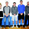 Greenfield Wildcats, Taylor Burns, Marcus Wright, Mason Jones, Colin White and Coach Preston Hyde, received post season basketball honors. Photo by Cletis McConnell, Vedette Reporter.